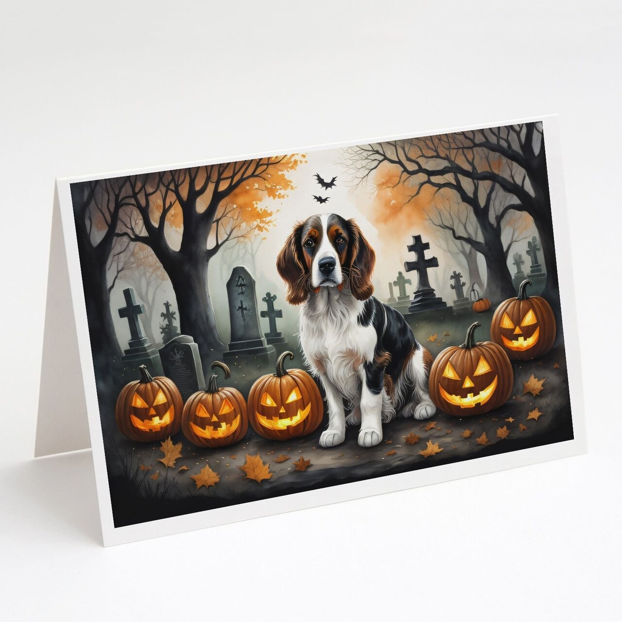 Edge Collections - 5" x 7" - Multicolor - Welsh Springer Spaniel Spooky Halloween Greeting Cards Blank Cards with Envelopes - 8 Pieces